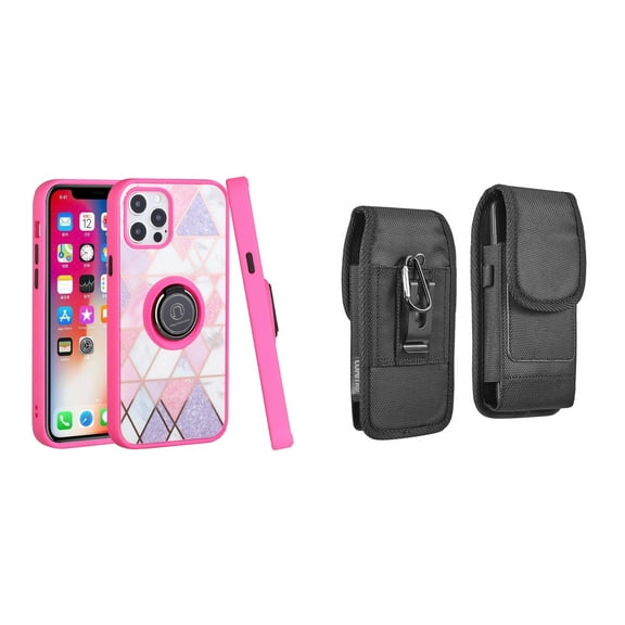 Bemz Ring Series Case for iPhone 14 Plus (TPU Silicone Cover with Magnetic Stand) and Vertical Rugged Nylon Belt Holster Pouch - Pink on Purple Marble