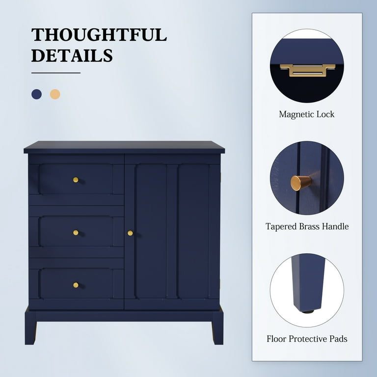HLR Navy Blue Cabinet with 3 Drawers and 1 Door Accent Cabinet for Entryway 14.5