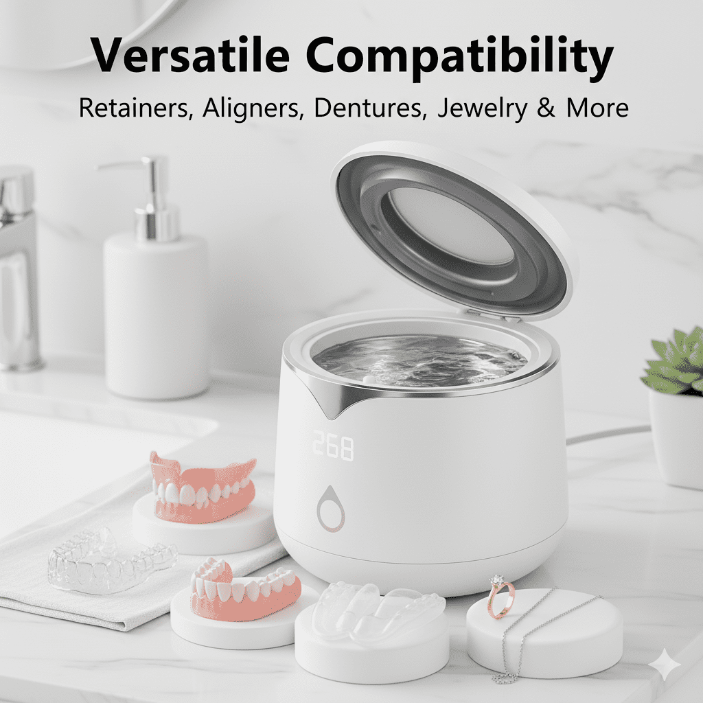 Professional 45kHz Ultrasonic Retainer Cleaner with UV Sanitizer - Portable Cleaning Machine for Aligners, Dentures, Mouth Guards, and Jewelry - 200ml, Dual Cleaning Modes, White