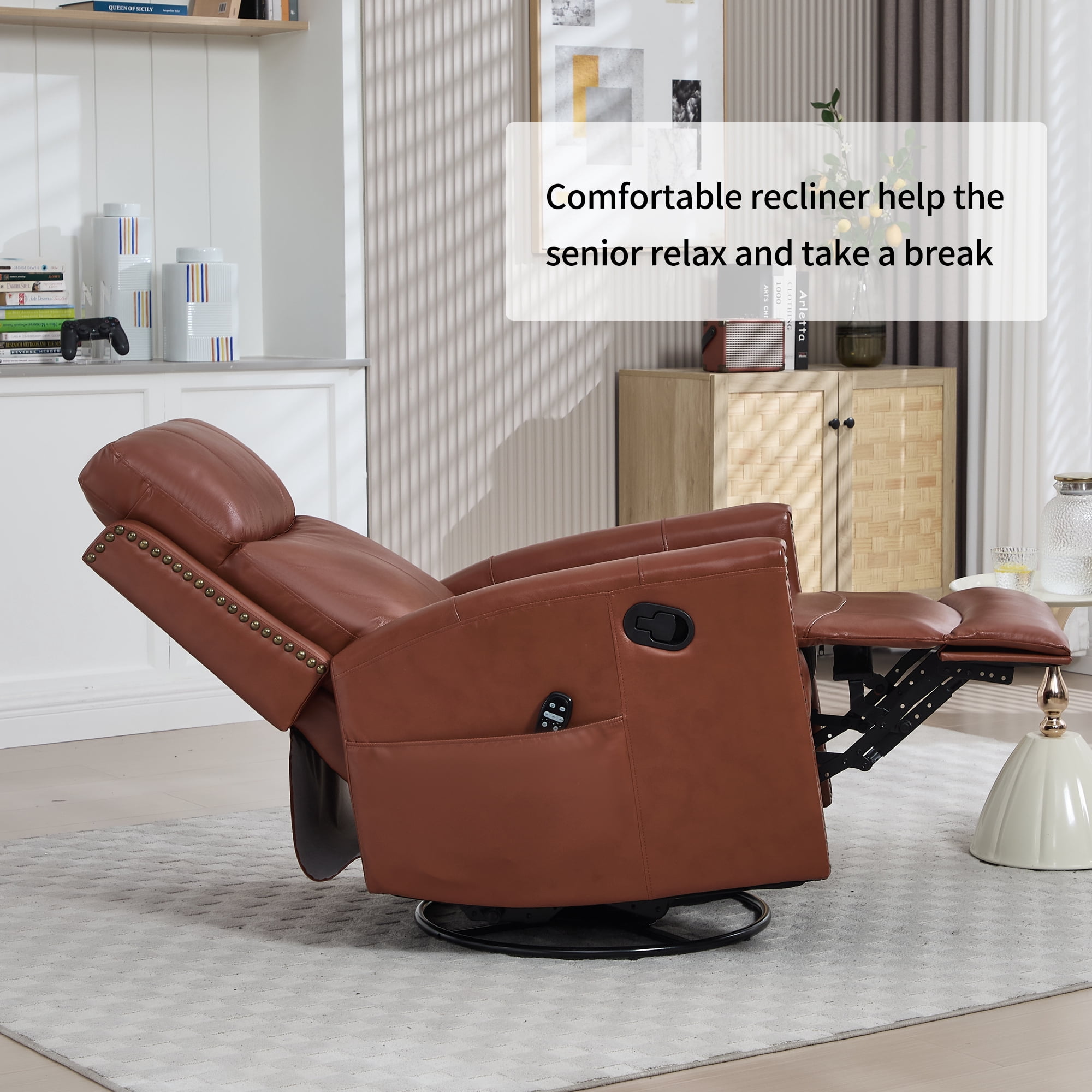 Gewnee Manual Recliner Chair,360°Swivel Massage Recliner Chair with Heat,Rocker Recliner Chair for Living Room,Bedroom.Red Genuine Leather