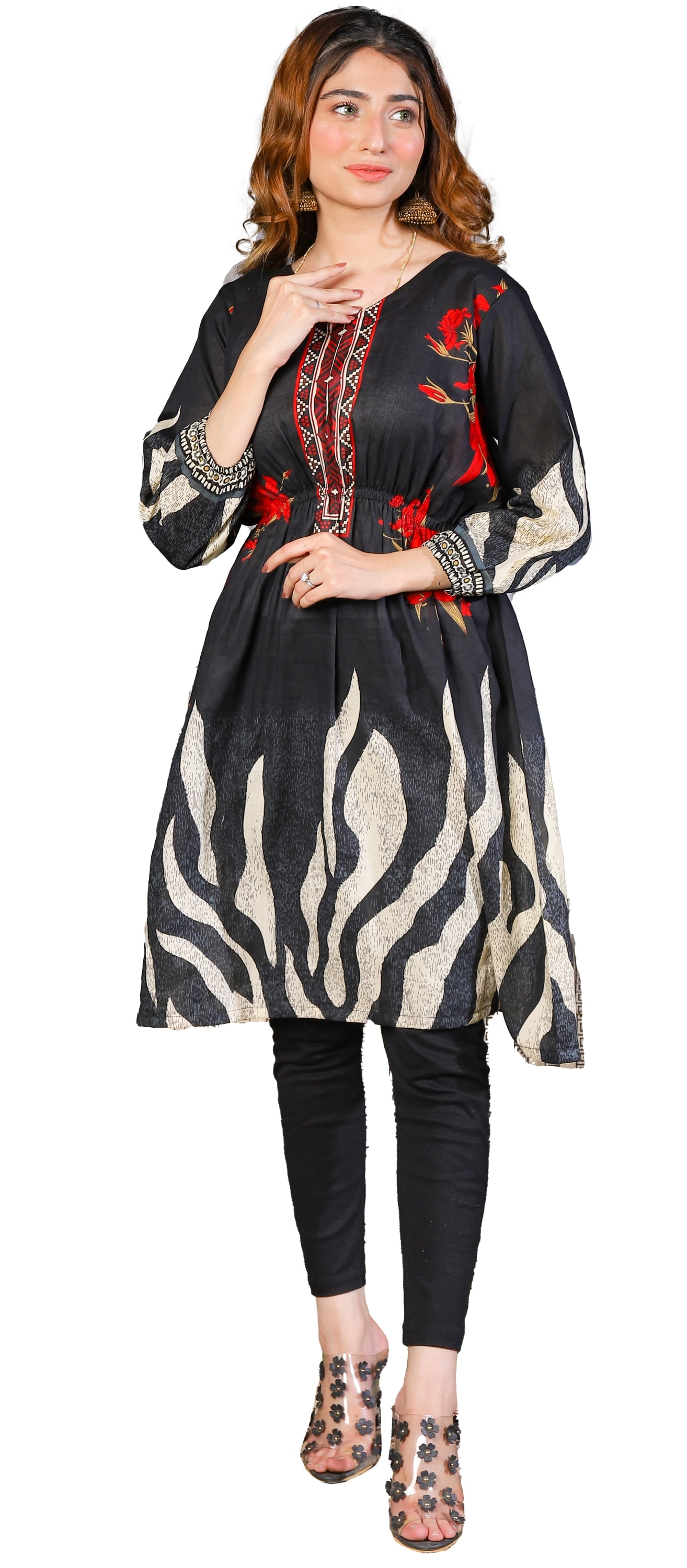 IshDeena Women's Linen Kurti - Pakistani/Indian Long Tunic Top, Printed, Sizes M-3XL