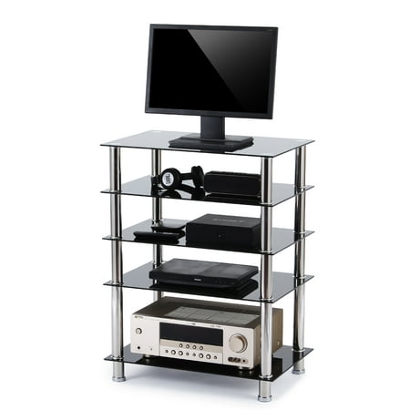 5Rcom 5-Tier Black Glass Audio Video Tower For TV, Xbox, Gaming Consoles, Media Component,Streaming Devices