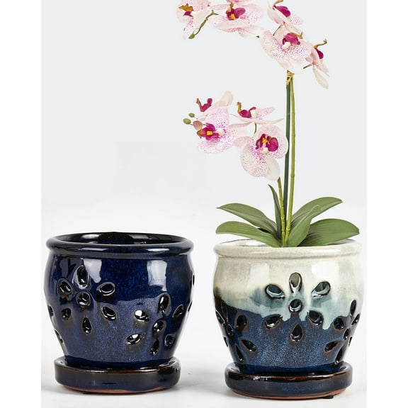 4 Inch Ceramic Orchid Pots with Holes and Saucers - 2 Pcs Small Ceramic Orchid Planter Pots for Repotting, Plant Garden Pots for Orchid Indoor and Outdoor Promotes Air Circulation (Blue, Blue Mixed)