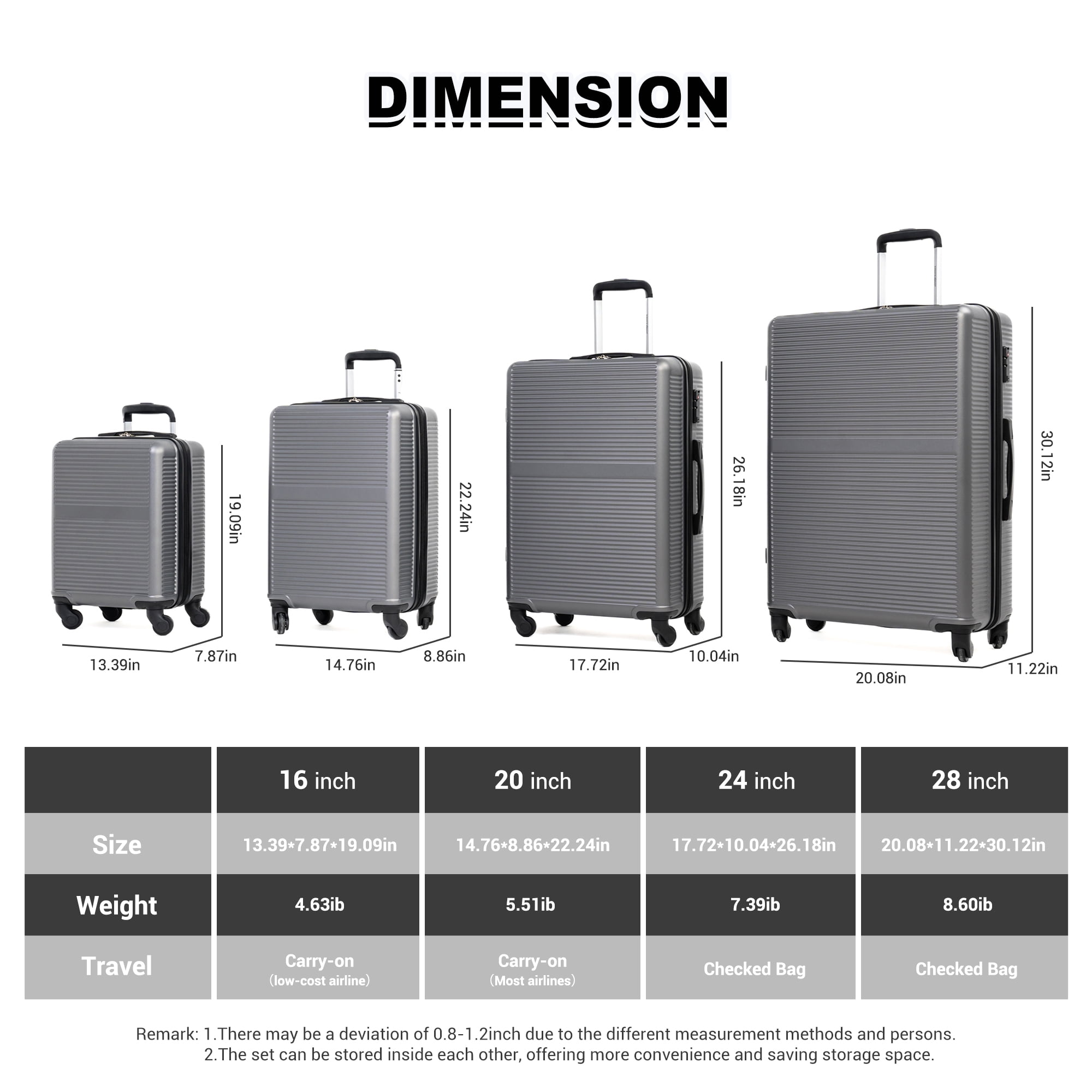 Tripcomp 7-Piece Hardside Luggage Set, Lightweight Suitcase with Spinner Wheels, TSA Lock and Travel Bag,Grey