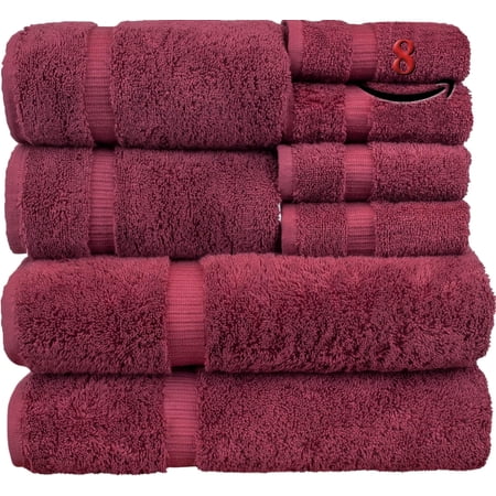 Luxury Hotel & Spa Quality, Highly Absorbent 100% Turkish , 750+ GSM, Eco Friendly Towel, Bathroom and Kitchen Dobby Border Towels(8 Piece, Cranberry)