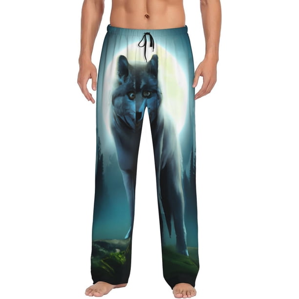 Fotbe Wolf Pantalones de Pijama para Hombre, Pantalones de Dormir, Pantalones de Casa con Cintura Ajustable y Bolsillos-Large