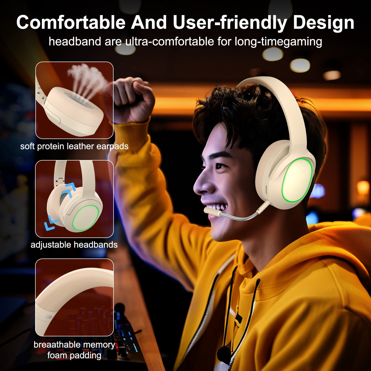 Wireless Gaming Headset, 2.4G/Bluetooth Gaming Headphones with Detachable Noise Cancelling Mic, RGB Over Ear Headphones with Stereo Bass Surround, 3.5mm Wired for PS4 PS5 Xbox PC, Khaki