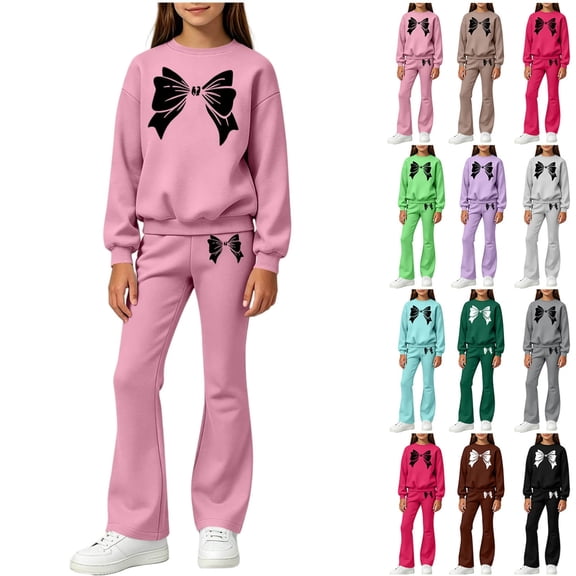 ITSAME Girls Outfits 2-Piece Bow Print Long Sleeve Crewneck Top and Flared Pants Kids Athletic Casual Set Blue Size 14