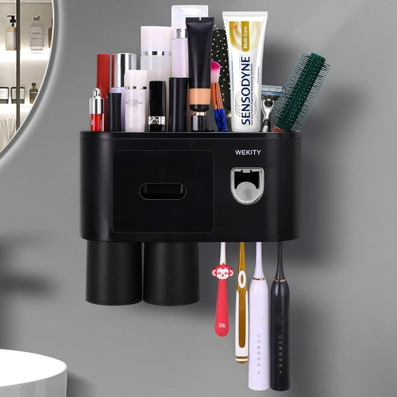 Multifunctional Wall-Mounted Toothbrush Holder, Automatic Toothpaste Dispenser Space Saving Toothbrush and Toothpaste Holder, with 2 Cups and Drawers Cosmetic Organizer (Black)