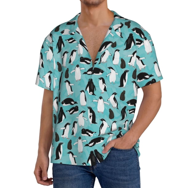 Fotbe Penguins Camisa Estampada de Manga Corta para Hombre, Casual de Verano, Estilo Playero, Sin Arrugas-3X-Large