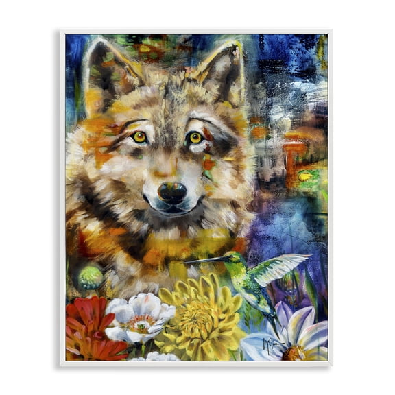 Stupell Industries Eclectic Wolf with Abstract Florals White Framed Giclee Art, 11 x 14, by Linda McClure