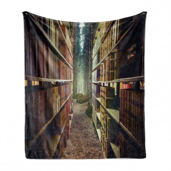 Bookshelf Soft Flannel Fleece Blanket, Digital Illustration of Abstract Design Library in Forest Academic Themed Picture, Cozy Plush for Indoor and Outdoor Use, 50" x 70", Multicolor, by Ambesonne