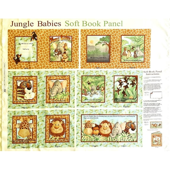 1 Jungle Babies Baby Animal Soft Book Cotton Panel (Great for Craft Projects, Quilting, Sewing & More) 36” X 44” Wide
