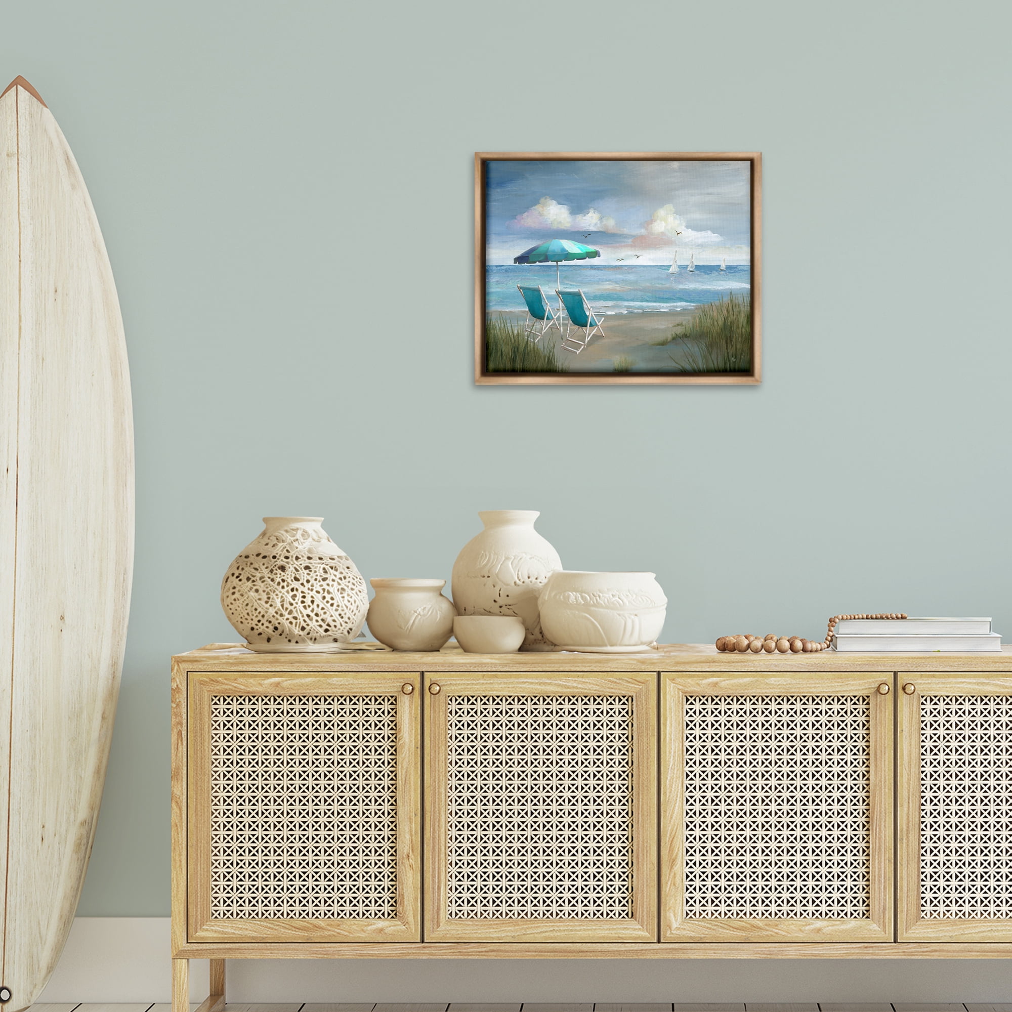 Stupell Industries Seagulls over Calm Beach Nautical & Beach Painting Brown Floater Framed Canvas Art Print Wall Art, 21 x 17