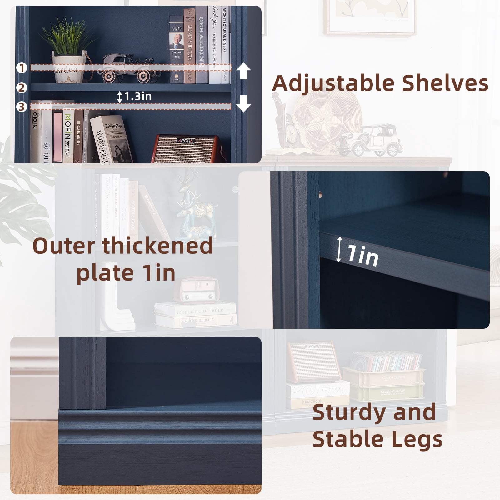 Buildhom 43" Tall Farmhouse Bookshelf, 3-Tier Solid Wood Bookcase with Adjustable Shelves for Living Room & Office, Blue