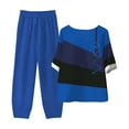 thumbnail image 3 of QUYUON 2 Piece Summer Outfits for Women Color Block Contrast Button Short Sleeve T-Shirt and Pants Two Piece Set Crew Neck Loose Blouse Tops Elastic Waist Long Pants Lounge Sets B-Blue XL, 3 of 7