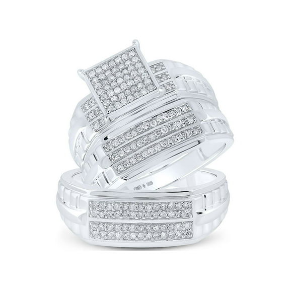 Sterling Silver His Hers Round Diamond Square Matching Wedding Set 5/8 Cttw