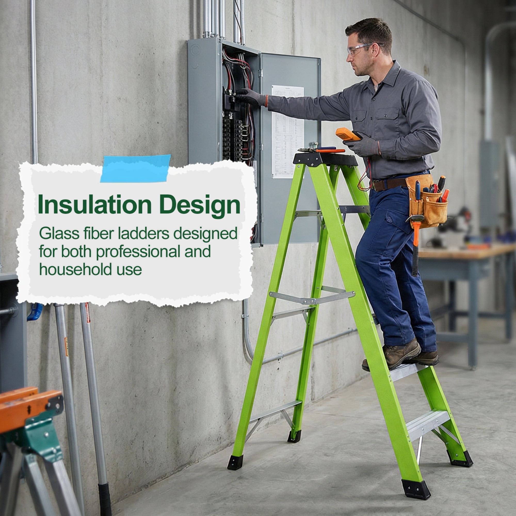 Leumius 3 Steps Fiberglass Ladder with a Load Capacity of 330 Pounds, Equipped with a Tool Tray for Electrical Engineering Ladder Structure Insulation Ladder Green