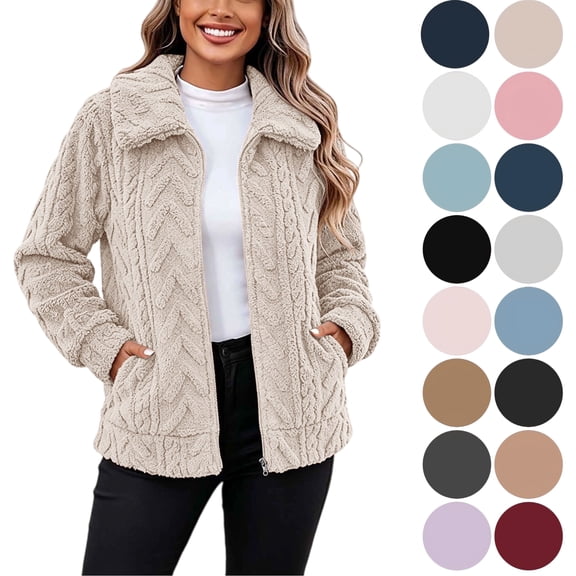 Womens Outwear Plus Size, Solid Winter Faux Coats Long Sleeve Hoddede Pockets Fleece Jacket Casual Trendy Outerwear