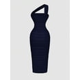 thumbnail image 2 of Navy Blue Ruched One Shoulder Bodycon Midi Dress, Elegant Evening Dress For Women, 2 of 5