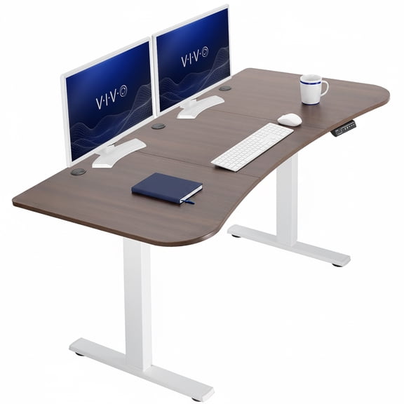 VIVO Electric 63” x 32” Stand Up Desk, Dark Walnut Table Top, White Frame