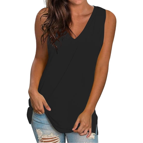 Pxiakgy Womens Summer Tank Tops Basic Tanks V Neck Sleeveless T Shirts Side Split Solid Color Loose V Neck Sleeveless Sleeveless Solid Color Blouse Business Casual Tank Flowy Tops Black L
