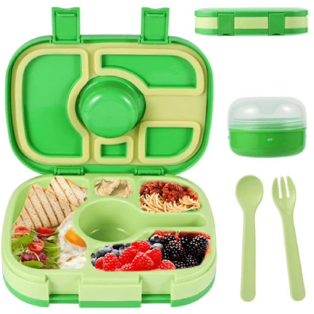 Lonchera Lunch box bento portátil para niños y adultos con 5 compartimentos de sellado hermético, libre de fugas y cubiertos incluidos, BPA FREE Happy Life Lonchera Lunch box bento portátil para niños y adultos