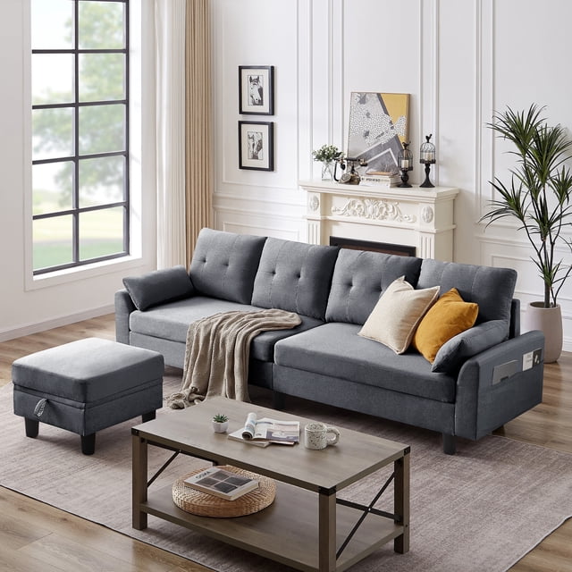 Pingliang Home Canapé Sectionnel Convertible avec Ottoman de Rangement Réversible et Poche de Rangement Latérale, Canapé en L 4 Places avec Profondeur de Siège 19.3 Pouces et Repose-Pieds pour Salon Bureau Appartement, Gris Clair