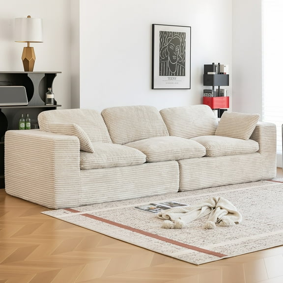 YODOLLA 110" Oversized Boneless Couch for Living Room,Cloud Sectional Sofa with Fluffy Corduroy Seat Cushions, 3 Seater Upholstered Floor Sofa, No Assembly Required, Beige
