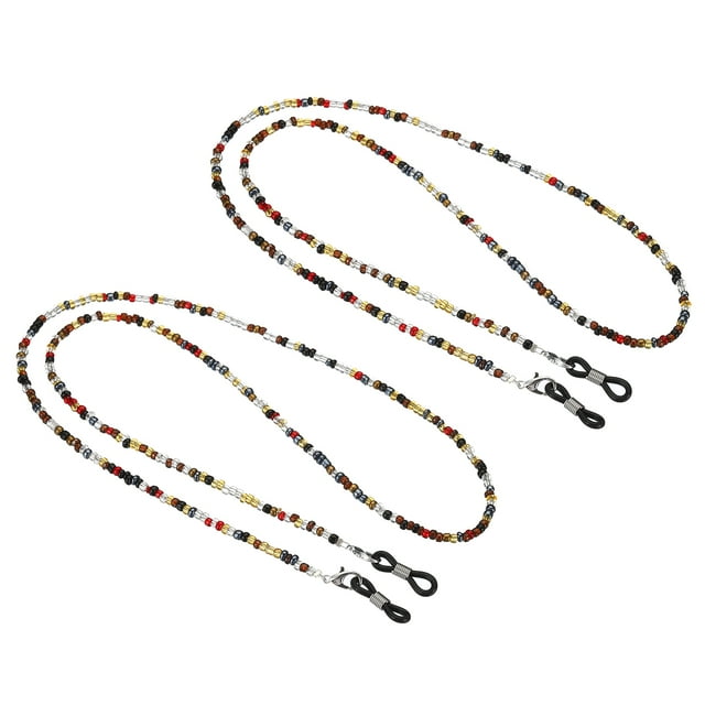 Unique Bargains Eyeglass Strap 2 Pack featuring adjustable multicolour bead string design. Made of acrylic, silicone, and metal, each strap measures 700mm (27.56 inches) in length and 4mm (0.16 inches) in diameter. Includes non-slip buckles for securing eyeglasses, suitable for most glasses arms. Ideal for preventing loss or damage during sports or daily activities.