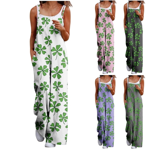 TKYCMSUAKI St.patrick's Day Jumpsuits for Women Trendy Shamrock Overalls Comfy Baggy Romper Playsuit with Pockets