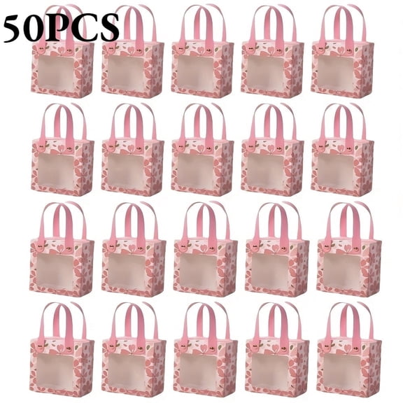 50pcs Pink Gift Boxes with Clear Window, Cherry Blossom Foil Paper Favor Boxes for Wedding, Party and Event Packaging, Mini Elegant Bulk Gift Boxes for Candy, Souvenirs and Decorative Presents