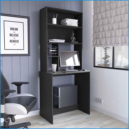 Desks for Home Office, Compact Computer Hutch with 5 Shelves | 29.6” Wide | Black | Particle Board