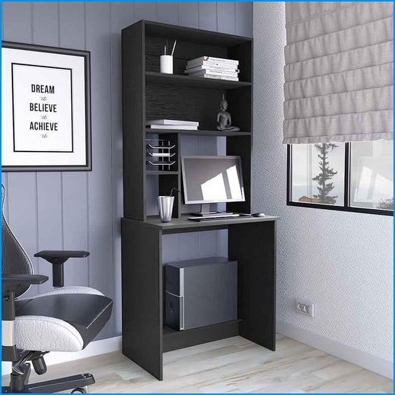 Desks for Home Office, Compact Computer Hutch with 5 Shelves | 29.6” Wide | Black | Particle Board