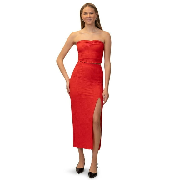 Juniors' madden girl Ruched Bandeau Top & Side Slit Skirt Set Color: Red Size: MEDIUM