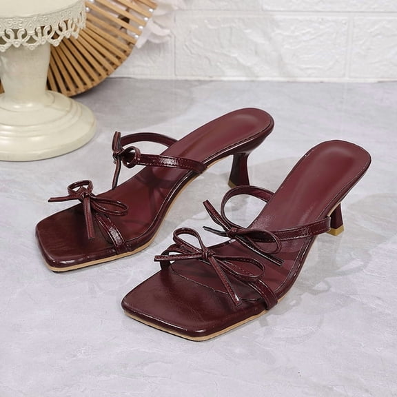SCHUHLAND Women's Sexy Wine Red High Heel Sandals, 6cm Kitten Heel Square Toe Slides with Bowtie, Elegant Wedding Party Shoes, Size 35-42