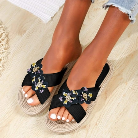 

〖Yilirongyumm〗 Black 40 Sandals Women Ladies Flat Floral Flower Slippers Floral Beach Slippers Slip On Fashion Slippers Flat Open Toe Summer Casual Fashion Sandals Beach Slippers