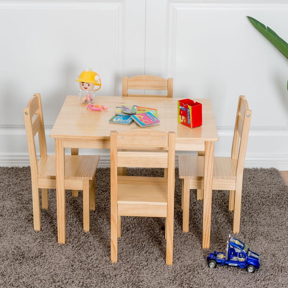 5 Pcs Kids Pine Wood Table Chair Set Natural