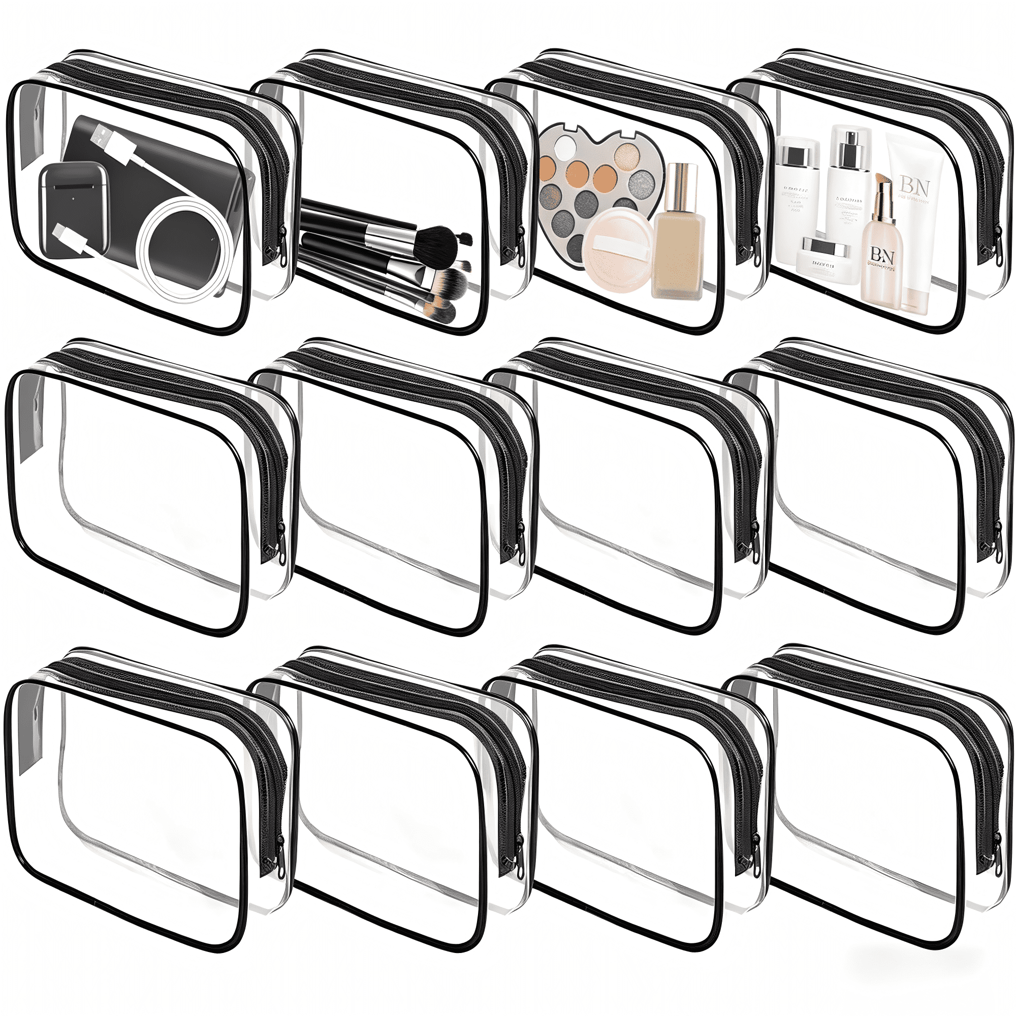Clear Toiletry Bag, 12 Pack Travel Bag Carry on Travel Accessories Bag Airport Airline Bags Water Repellent Makeup Cosmetic Bag for Women