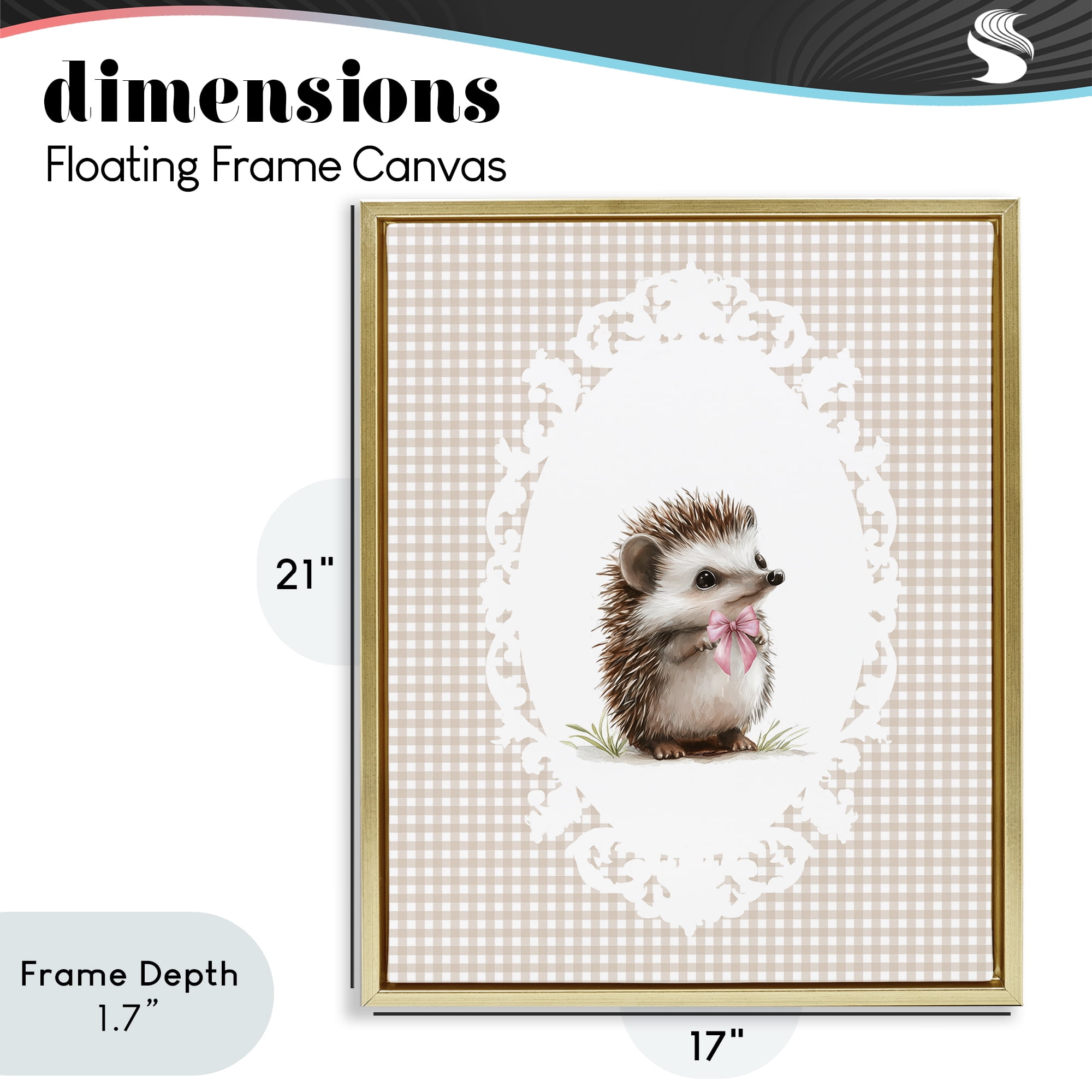 Stupell Industries Vintage Bow Hedgehog on Gingham Gold Framed Floater Canvas Wall Art, design by Christine Simpson Art