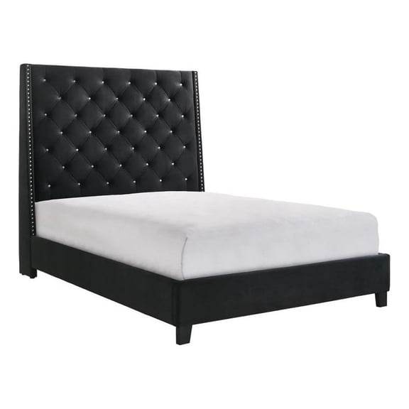 Benjara Toer King Bed- 67" Tall Wingback Headboard Black Velvet Upholstery