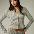 thumbnail image 5 of Women's Striped 2 Piece Pants Outfits Long Sleeve Button Down Knit Top Set Leisure Vacation Green M, 5 of 10
