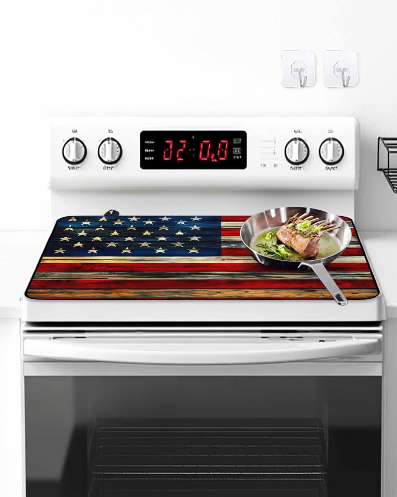 Stove Top Covers for Electric Stove, Retro American Flag Glass Stovetop Cover Protector, Blue Red USA Flag Vintage Wood Induction Cooktop Protector Oven Mat for Kitchen Countertop 31"x24"