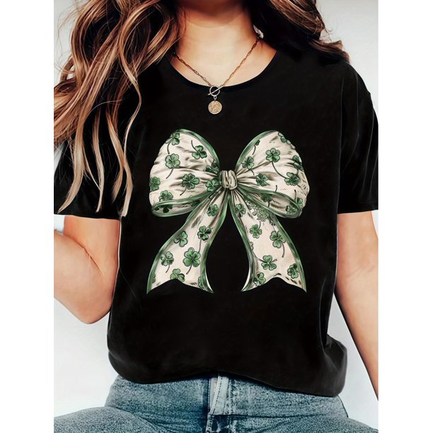 Women's St. Patrick's Day T-Shirt - Vintage Bow & Shamrock Graphic, Casual Crew Neck, Stretch