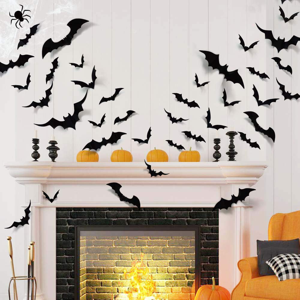 NUOBESTY Bat Wall Decals PVC 3D Bats Removable Decals Stickers Window Decors Halloween Party Supplies,48pcs,Black
