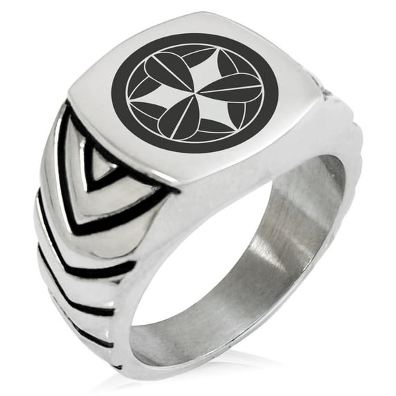 Stainless Steel Takenaka Samurai Crest Chevron Pattern Biker Style Polished Ring