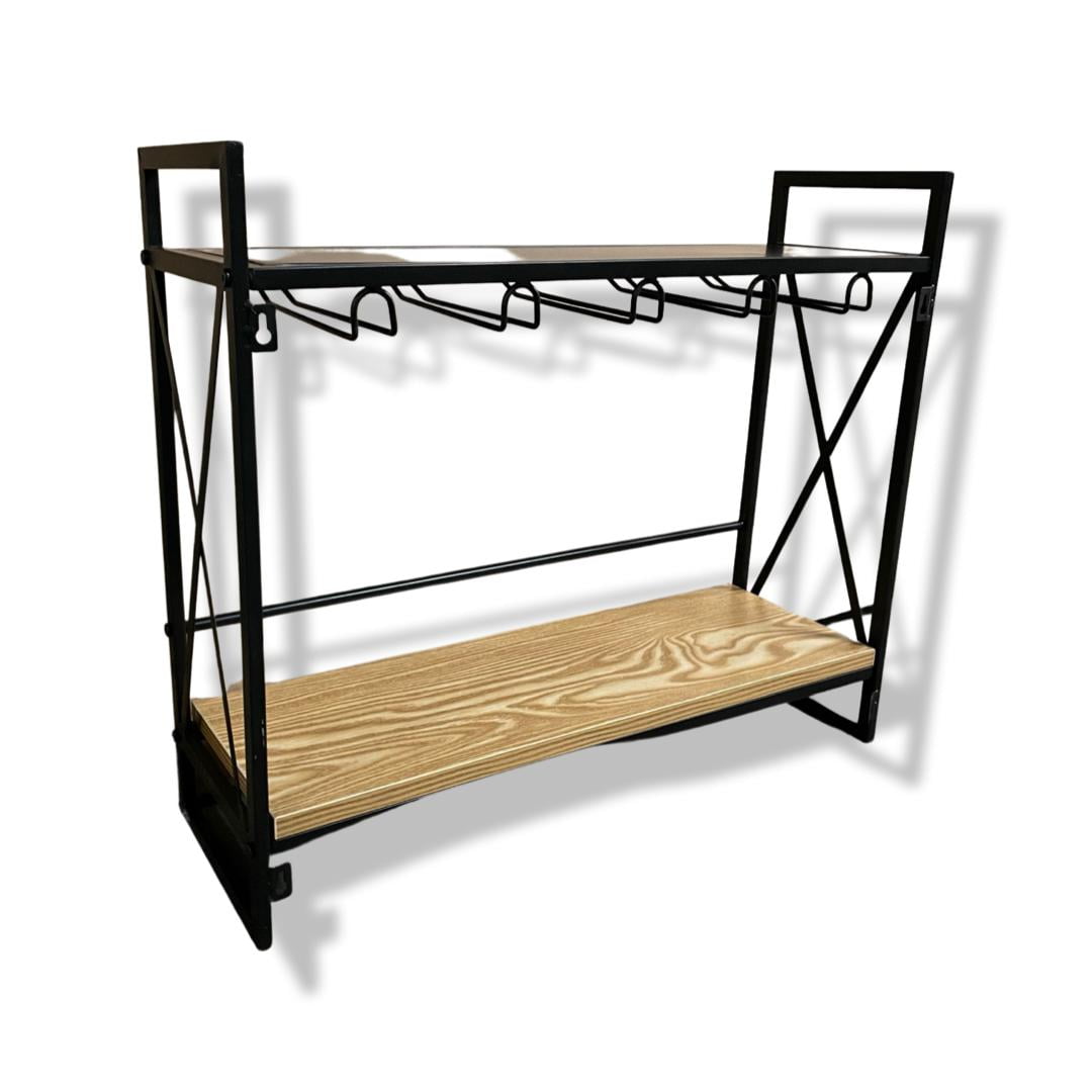 Sorbus Wall Mounted Wine Rack Industrial 2Tier Wood Shelf 5 Stem Glass