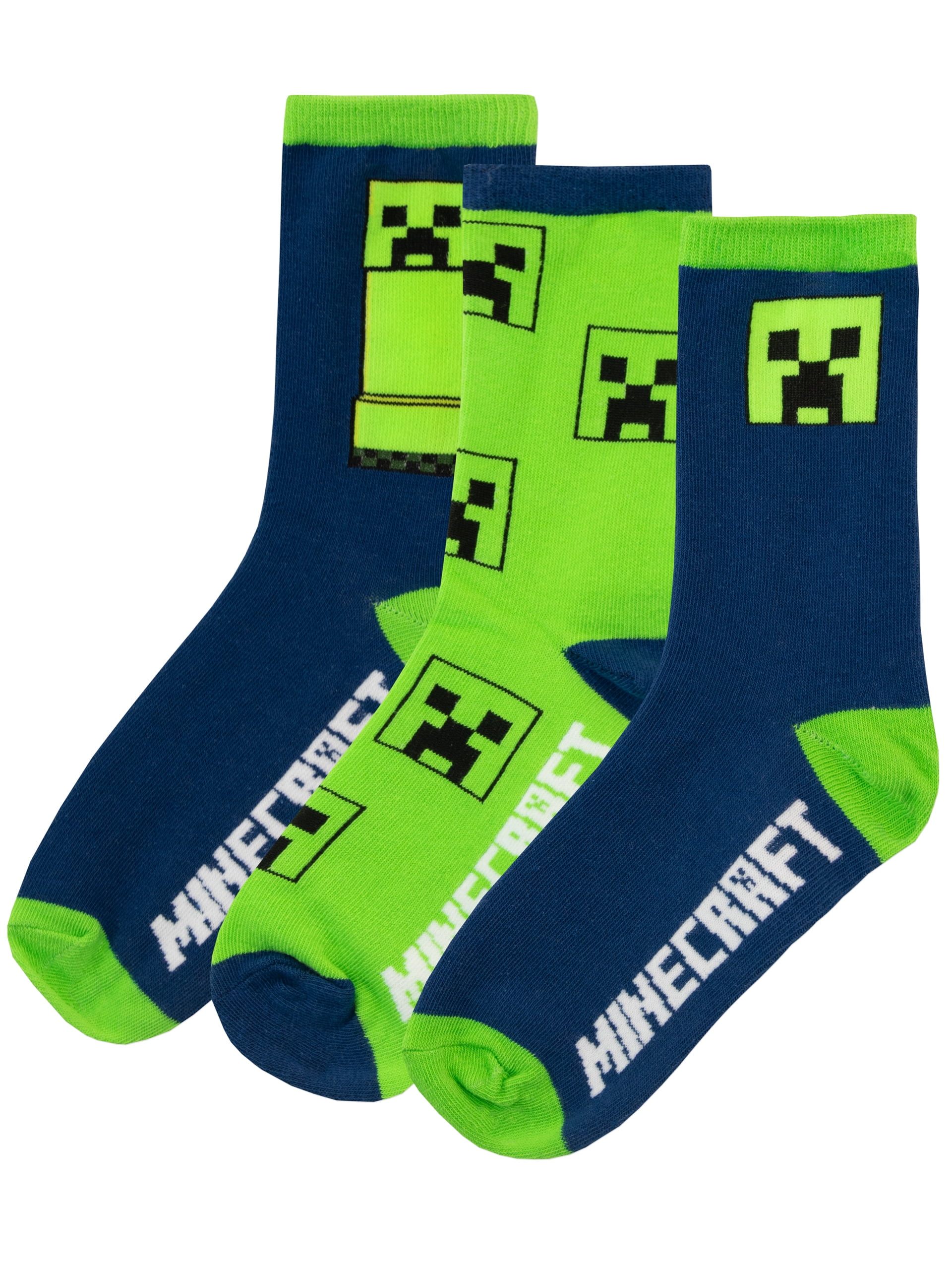 Minecraft Boys Creeper Socks 3 Pack Green Sizes 3 Adults 4