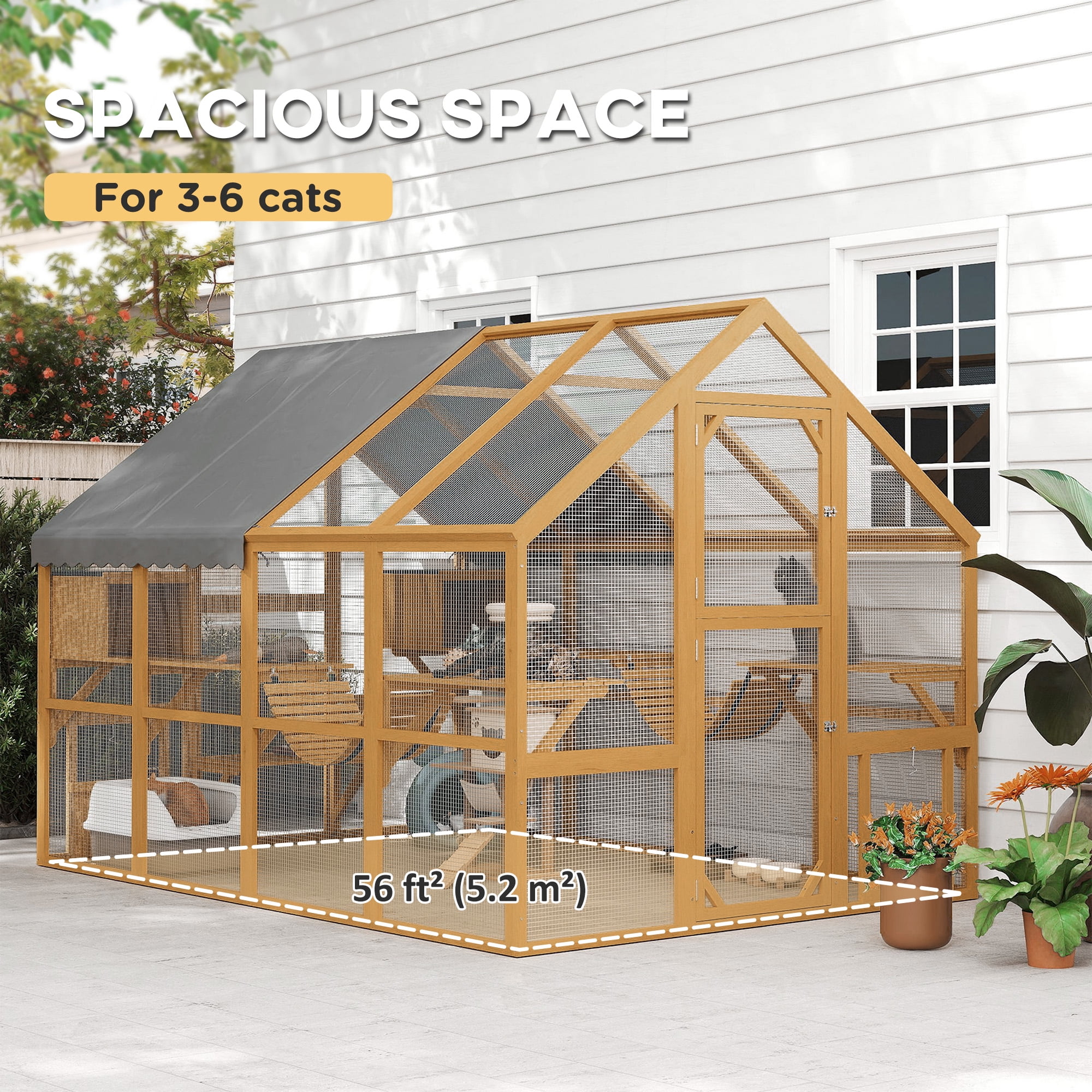 PawHut Large Catio Outdoor Cat Enclosure, Wooden Cat House for Multiple Kittens with Waterproof Cover, 2 Condos, 6 Platforms, Bridge, Doors, Yellow