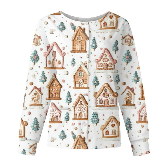 Garbnen Christmas Nurse Warm Up Jacket for Women Long Sleeve Snap Front Nurse Uniforms Womens Scrub Tops with Pockets